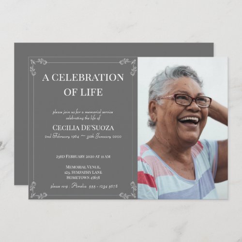Elegant Funeral Gray Classic Swirls Custom Photo  Invitation