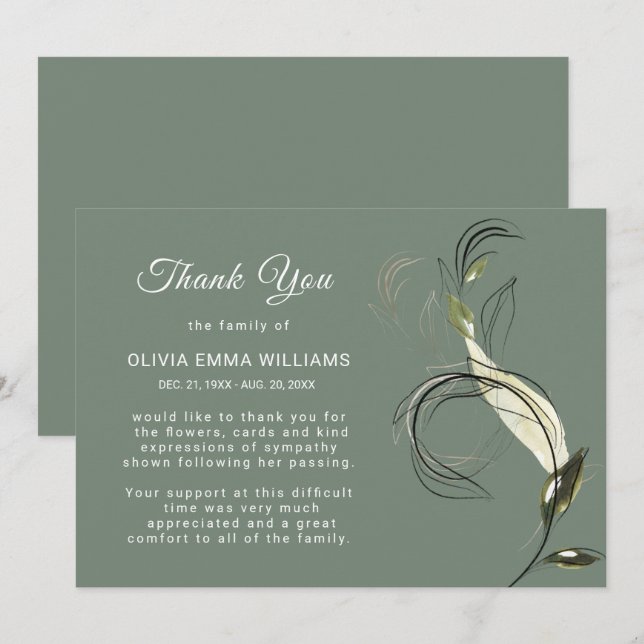 Elegant Funeral Greenery  Gold Thank You Card (Front/Back)