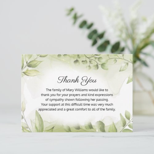 Elegant Funeral Greenery Memorial Thank You Card