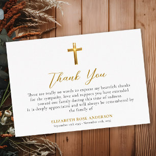 Elegant Funeral Religious Gold Cross Memorial Thank You Card