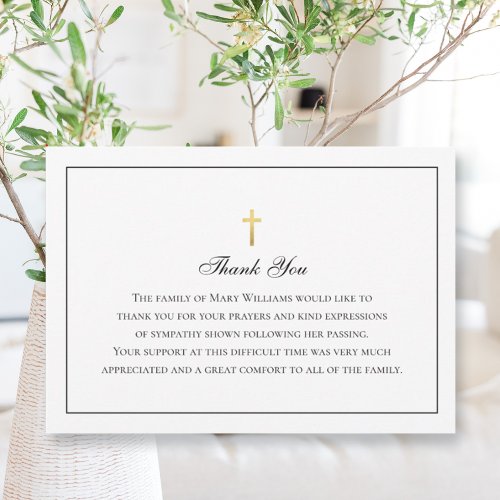 Elegant Funeral Religious Gold Cross Thank You Card