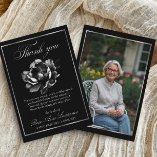 Elegant Funeral Silver Black Peony Photo Thank You Card