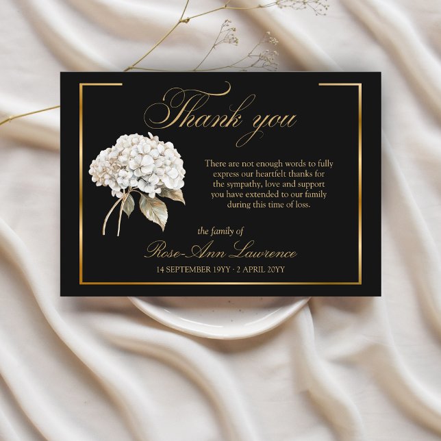 Elegant Funeral White Hydrangea Gold Frame Thank You Card (Creator Uploaded)