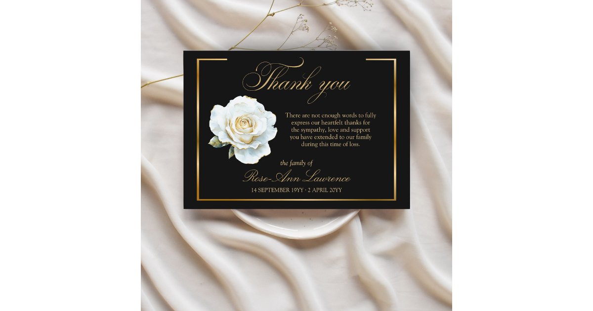 Elegant Funeral White Rose Gold Frame Thank You Card | Zazzle