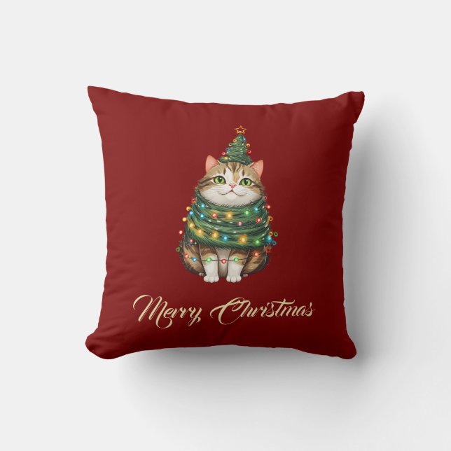 Elegant Funny Cat Christmas Tree Red Green Throw Pillow (Front)