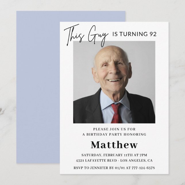 Elegant Funny Men Photo 92nd birthday  Invitation (Front/Back)