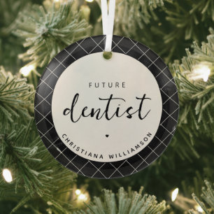 Elegant Future Dentist Check Pattern Personalized Glass Ornament