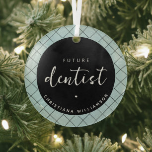 Elegant Future Dentist Check Pattern Personalized Glass Ornament