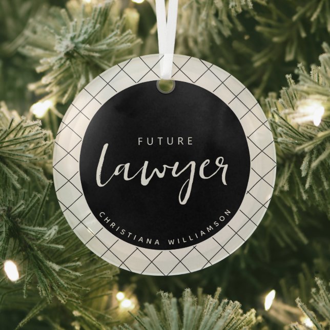 Elegant Future Lawyer Check Pattern Personalized Glass Ornament (Insitu)
