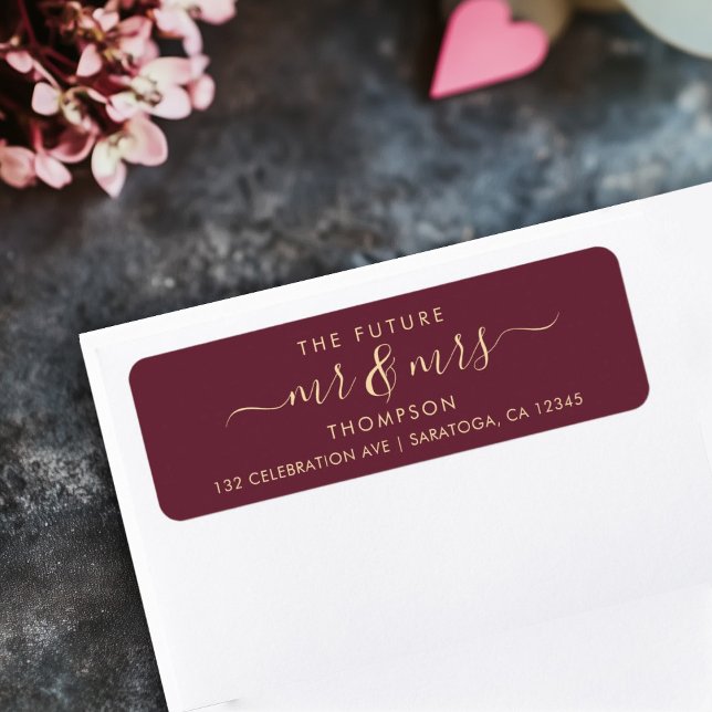 Elegant Future MR and MRS Address Rose Burgundy Label (Burgundy address label on table reading THE FUTURE Mr & Mrs in a script font with flourishes)