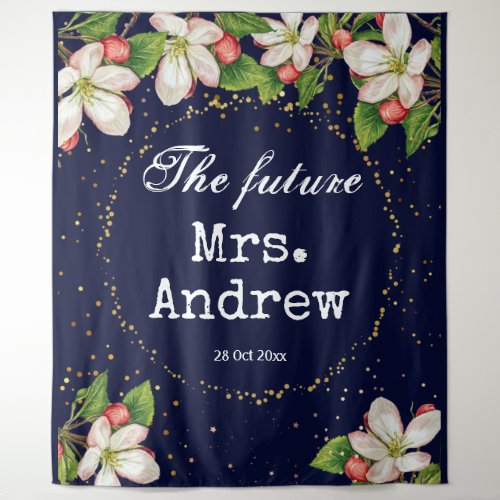 Elegant future mrs navy blue floral golden glitter tapestry