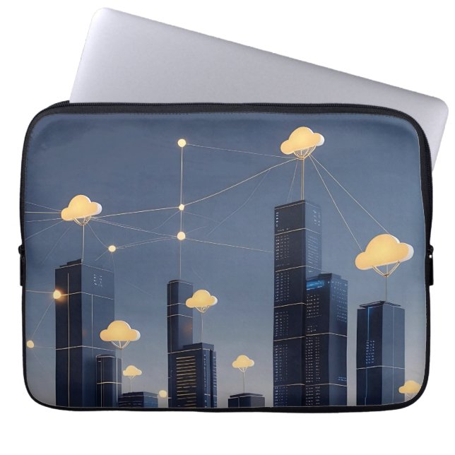 Elegant Futuristic Smart City Wireframe – Glowing  Laptop Sleeve (Front)