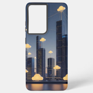 Elegant Futuristic Smart City Wireframe – Glowing Samsung Galaxy S21 Ultra Case