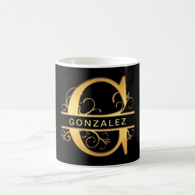 Elegant "G" Monogram Personalized Name Black Gold Coffee Mug (Center)