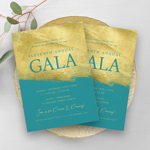 Elegant GALA Company Business Gold Brush Turquoise Invitation