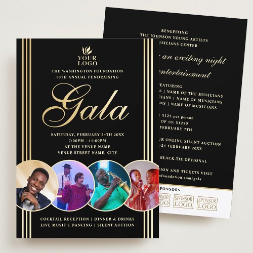Elegant Gala Custom Event Logo Photo Black Gold Invitation