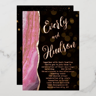 Elegant Galaxy Agate Geode Pink & Gold Wedding Fo Foil Invitation