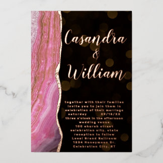 Elegant Galaxy Agate Geode Pink & Gold Wedding Foil Invitation