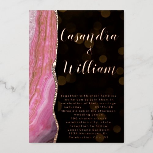 Elegant Galaxy Agate Geode Pink  Gold Wedding   Foil Invitation