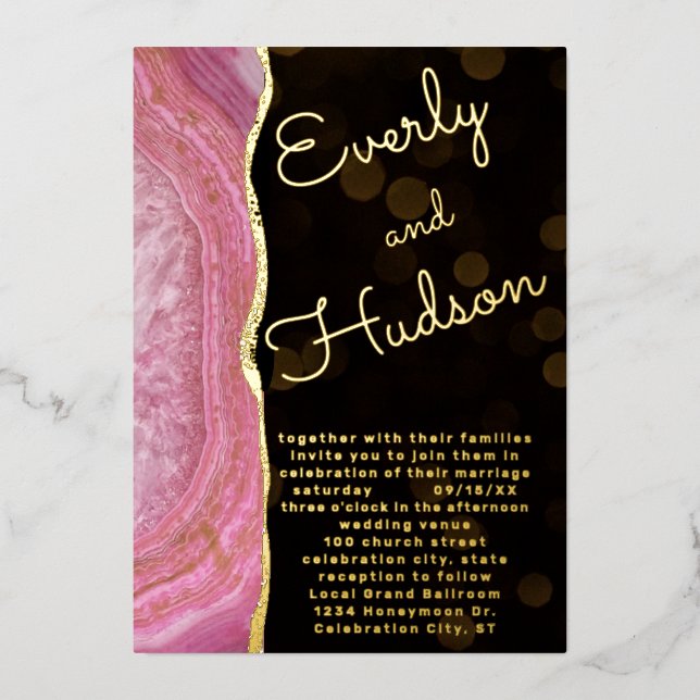 Elegant Galaxy Agate Geode Pink & Gold Wedding  Foil Invitation (Front)