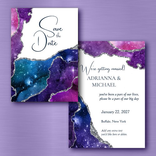 Elegant Galaxy Agate Silver Wedding Save the Date Invitation