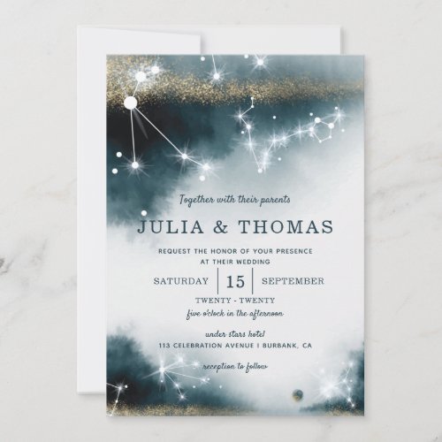 Elegant Galaxy Blue Gold Stars Wedding Invitation