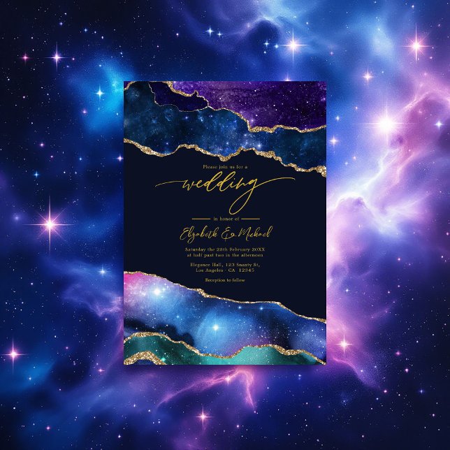 Elegant Galaxy Blue, Purple & Gold Agate QR Code Invitation (Elegant Galaxy Blue, Purple & Gold Agate QR Code Invitation)