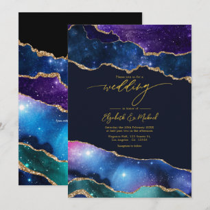 Elegant Galaxy Blue, Purple & Gold Agate QR Code Invitation