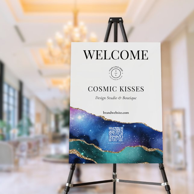 Elegant Galaxy Geode Business Logo Name Welcome QR Foam Board (Creator Uploaded)