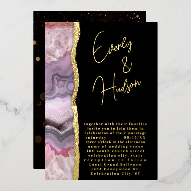Elegant Galaxy Geode Pink & Gold Wedding Foil Invitation (Front/Back)