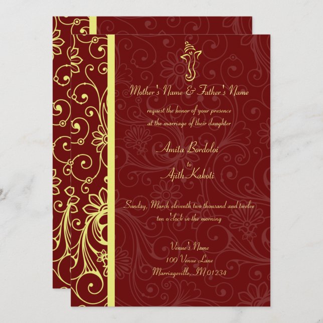 Elegant Ganapati Red & Gold Wedding Invitations (Front/Back)