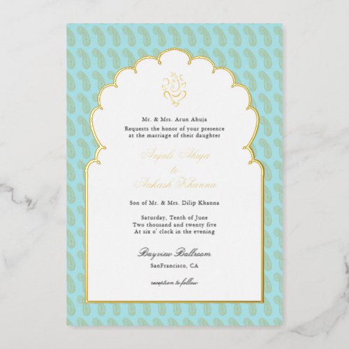 Elegant Ganesh Indian wedding Aqua and gold Foil Invitation
