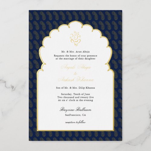 Elegant Ganesh Indian wedding Dark blue and gold Foil Invitation
