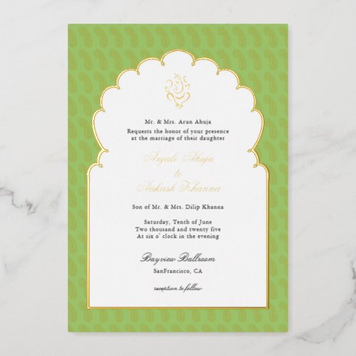 Elegant Ganesh Indian wedding Mint green and gold Foil Invitation