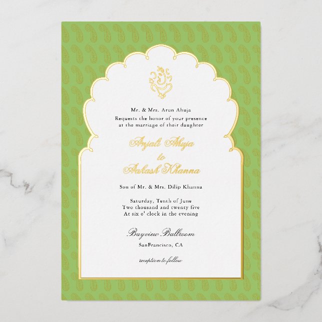 Elegant Ganesh Indian wedding Mint green and gold Foil Invitation (Front)
