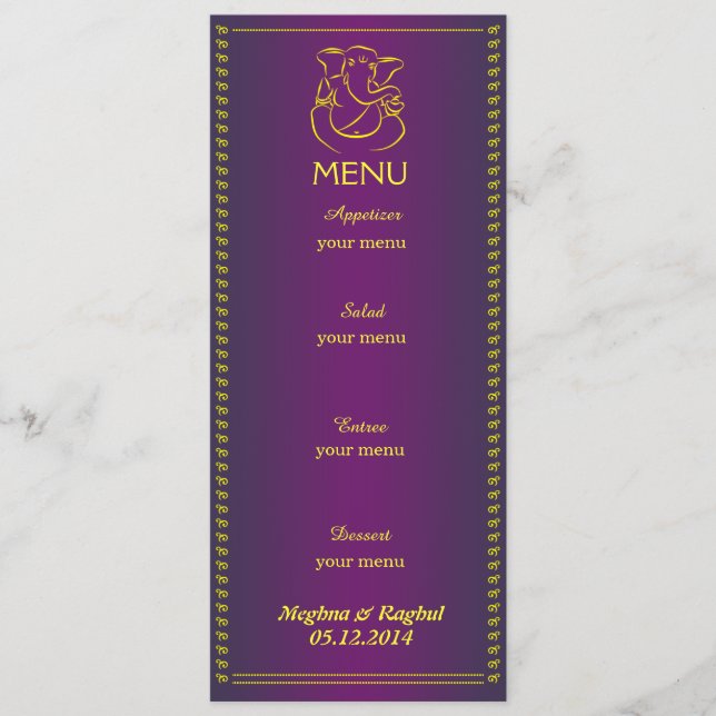 Elegant Ganesh | Indian Wedding Purple Menu Card (Front)