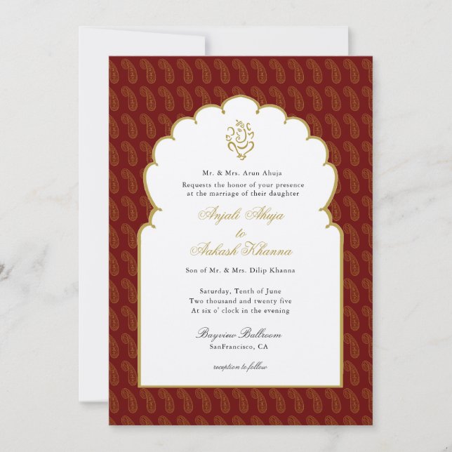 Elegant Ganesh Red & Gold Indian wedding  Invitation (Front)