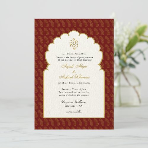 Elegant Ganesh Red  Gold Indian wedding  Invitation