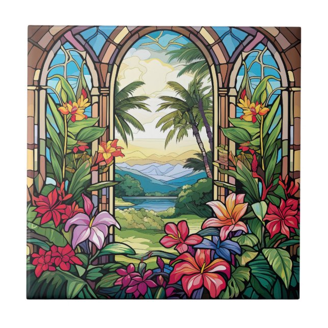 elegant garden faux stained glass  ceramic tile (Front)