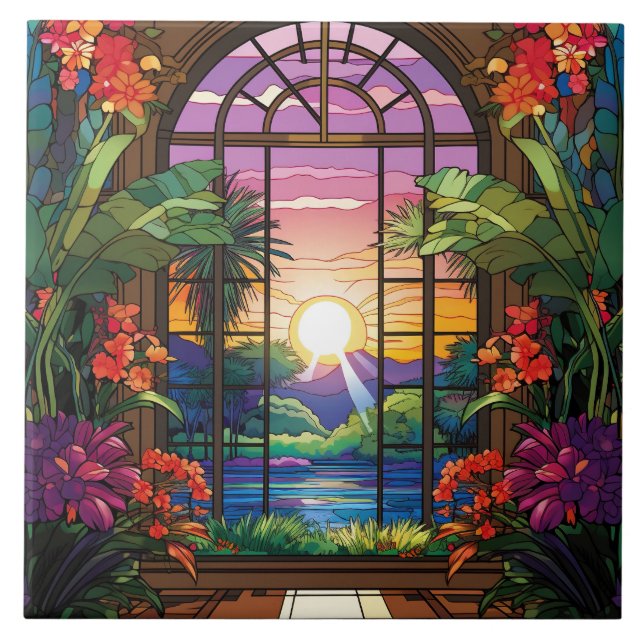 elegant garden faux stained glass  ceramic tile (Front)
