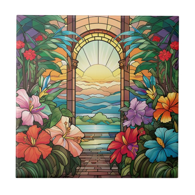 elegant garden faux stained glass  ceramic tile (Front)