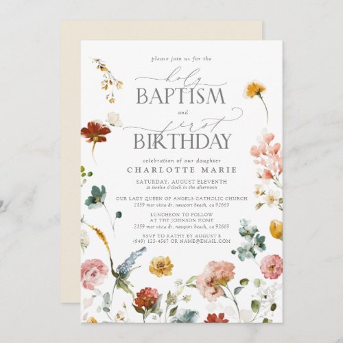 Elegant Garden Floral Girl Baptism 1st Birthday Invitation