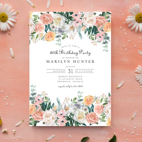 Elegant Garden Floral Greenery 80th Birthday Party Invitation