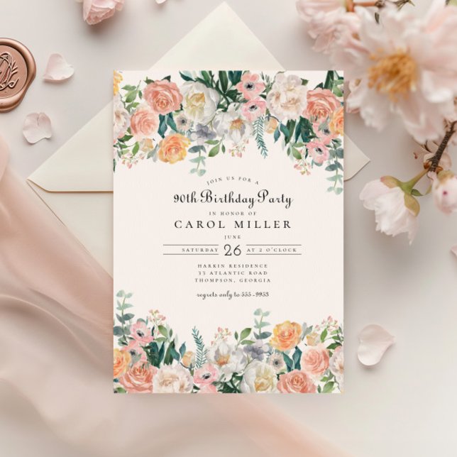 Elegant Garden Floral Greenery 90th Birthday Party Invitation (Creator Uploaded)
