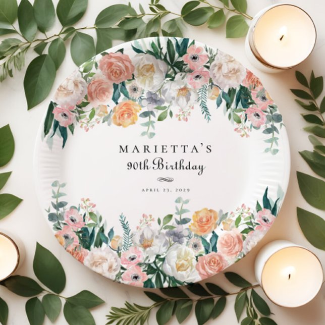 Elegant Garden Floral Greenery 90th Birthday Party Paper Plates (Creator Uploaded)