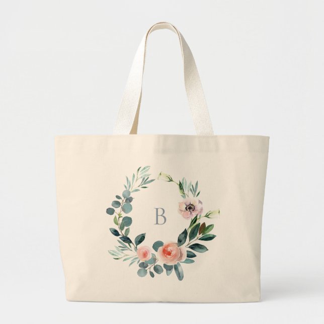 Elegant Garden Floral Wreath Monogram Large Tote Bag (Front)