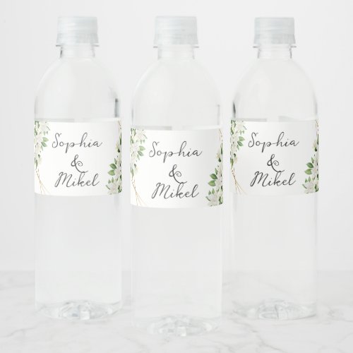 ELEGANT GARDEN FLORALS GOLD FRAME GREENERY WEDDING WATER BOTTLE LABEL