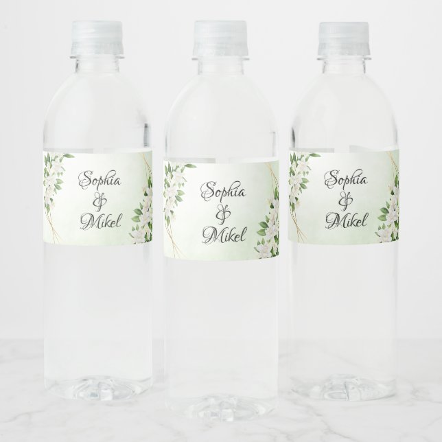 ELEGANT GARDEN FLORALS GOLD FRAME GREENERY WEDDING WATER BOTTLE LABEL (Bottles)