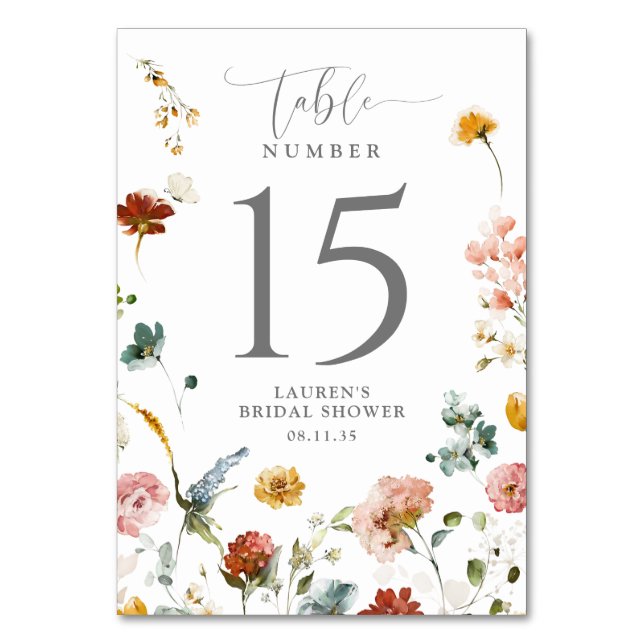 Elegant Garden Flowers Bridal Shower Table Number (Front)