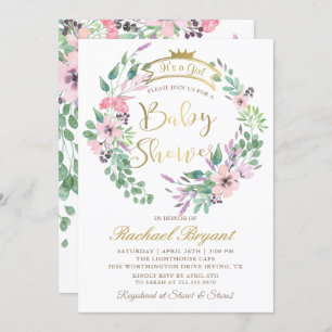 Elegant Garden Flowers Gold Crown Girl Baby Shower Invitation